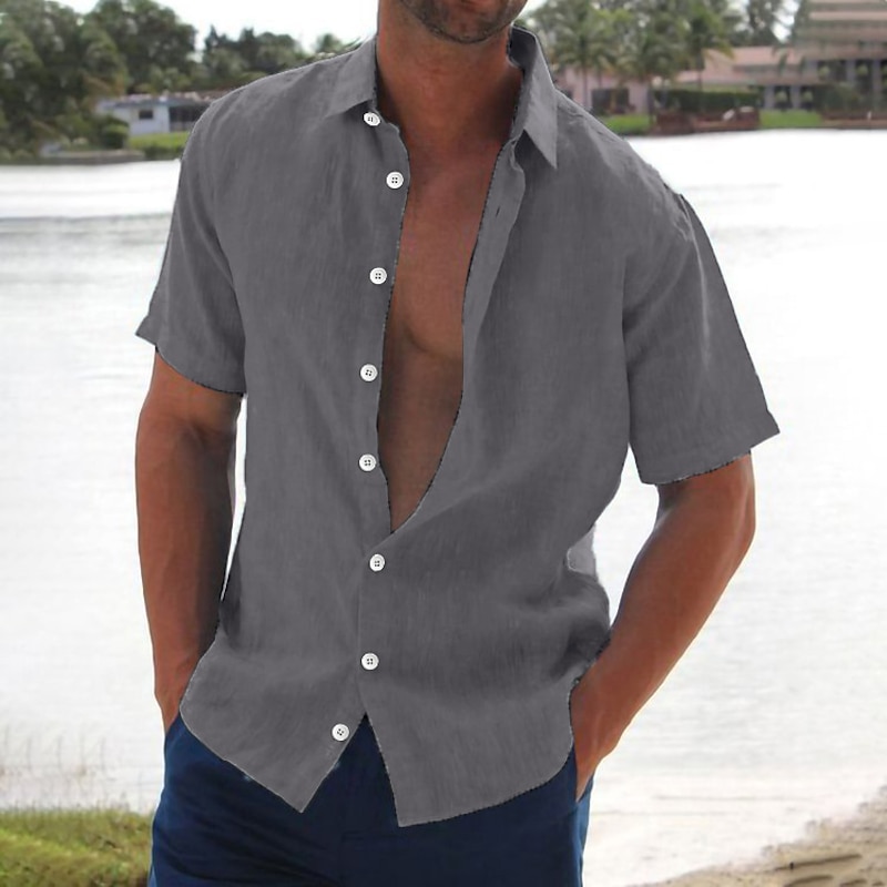 Men's Linen Shirt Summer Shirt Beach Wear Button Up Shirt Untucked Shirts Solid Color Vacation Curise Black White Pink Blue Short Sleeve Turndown Summer Clothing Apparel Button-Down4