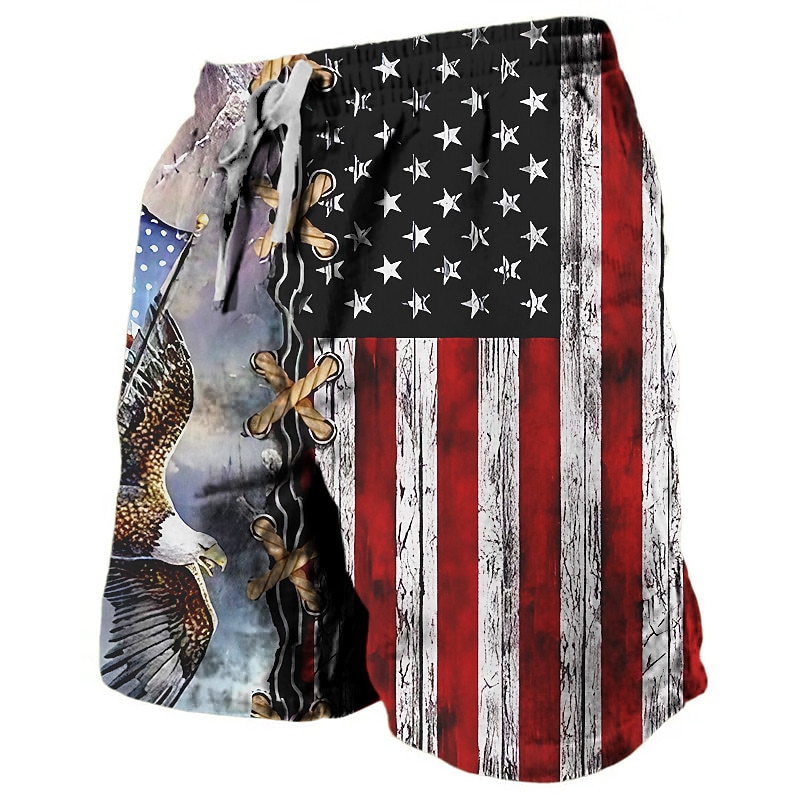 Men's Graphic Eagle American Flag Sweat Shorts Beach Shorts Terry Shorts Mid Waist Casual Athleisure Daily Holiday Streetwear Drawstring Elastic Waist 3D Print Designer Clothing Apparel