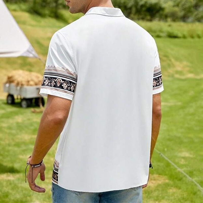 Men's Ethnic Shirt Button Up Shirt Short Sleeve Sports Fashion Streetwear Outdoor Casual Holiday Summer Spring Cuban Collar Print Black White Yellow Gray2
