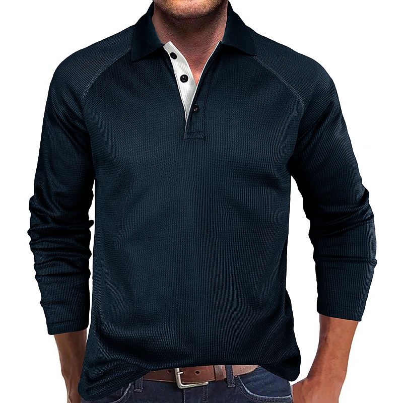 Men's Polo Casual Ribbed Polo Collar Long Sleeve Comfortable Solid / Plain Color Color Block Fall & Winter Regular Fit Dark-Gray Black White Royal Blue Light Grey Army Green Polo3