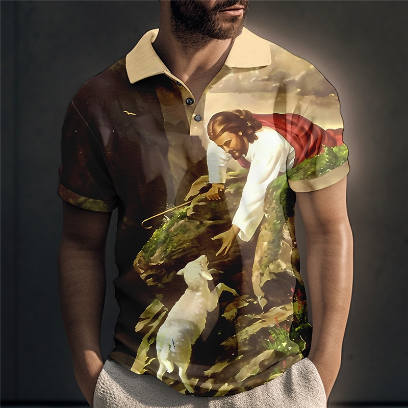 Men's Jesus Christian Polo Shirts Golf Shirt Short Sleeve Polo Shirts Collared Shirts Vintage Casual Vacation Wear Festival Wear Party Outfits Buttons 3D Print Yellow Blue Green3