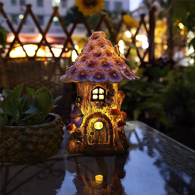 Craft Miniature House Solar Powered Led Light Garden Fairy Outdoor Walkway Sun Flower Resin Cottage Village Lamp Decoration3