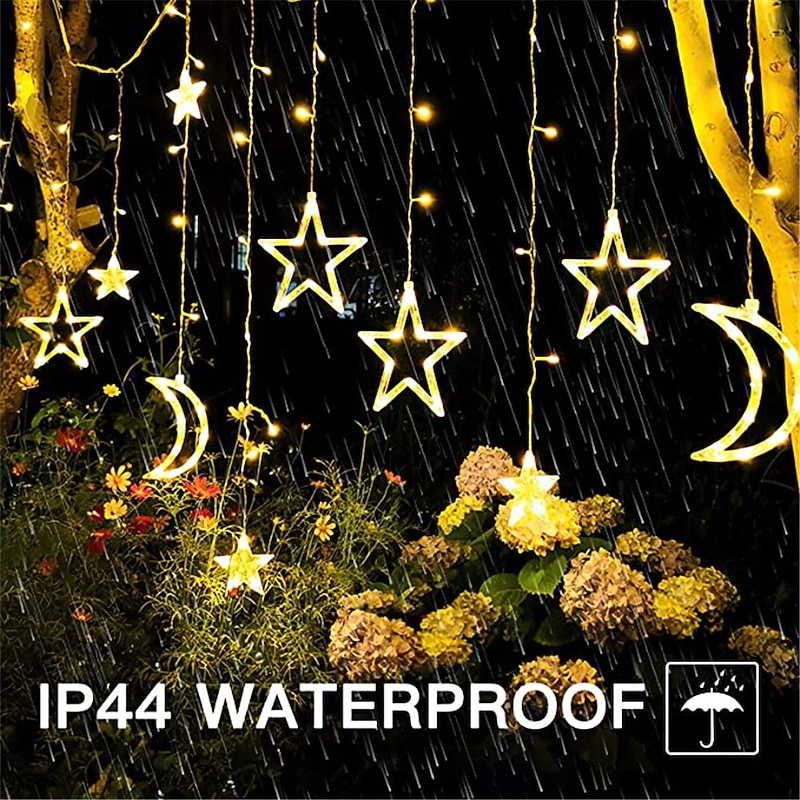 Solar Star String Lights Outdoor 138 LED Solar Powered Curtain Lights Window Lights Solar Led String Lights Twinkle Star Moon Fairy Lights for Backyard Garden Patio Home Christmas Holiday Decoration3