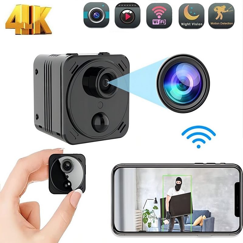 Mini Camera Hidden WiFi 4K Wireless Indoor Small Nanny IP Cam Home Security Secret Surveillance Tiny Video Recorder with Phone App Night Vision AI Human Detection 100 Days Standby Battery Life