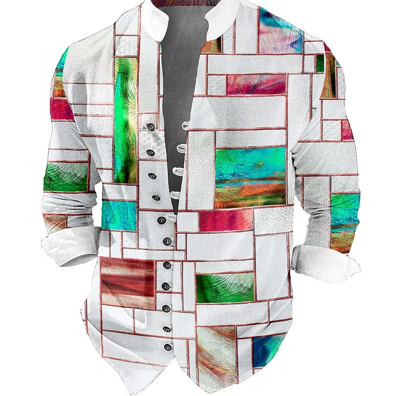 Men's Color Block Geometric Pattern Geometry Shirt Button Up Shirt Long Sleeve Fashion Streetwear Designer Outdoor Casual Daily Summer Spring Fall Stand Collar Print Light Green Blue Purple Green Gray2