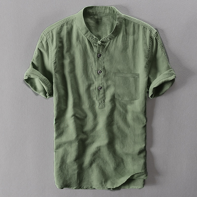 Men's Band Collar Shirt Popover Shirt Summer Shirt Beach Wear Casual Shirt Plain Outdoor Holiday White Blue Green Gray Short Sleeve Henley Spring & Summer Clothing Apparel