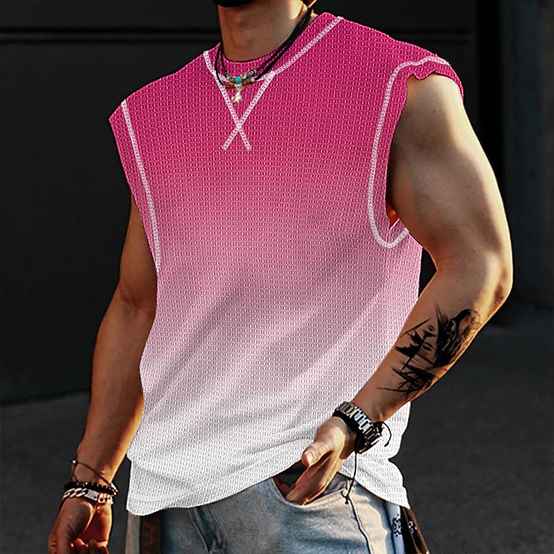 Men's Waffle Shirt Waffle Tank Top Tank Top Vest Top Sleeveless Crew Neck Summer Gradient Fashion Designer Muscle Outdoor Going out Gym Pink Blue Orange Top Tee for Men4