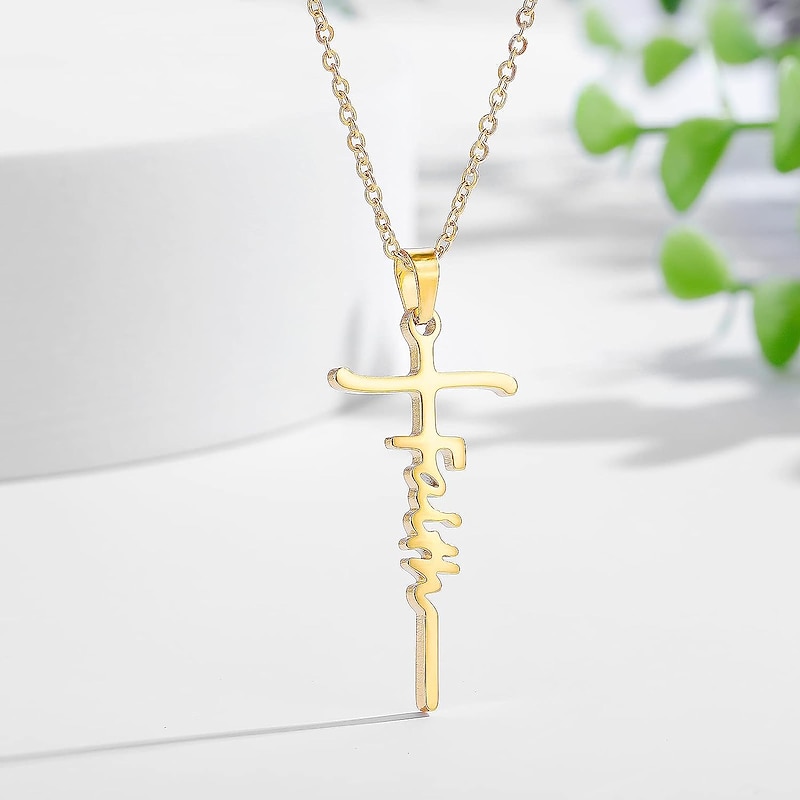 Women's Necklace Faith Cross Jesus Stainless Steel Pendant Necklace Gold Silver Cross Necklace for Dainty Women Letters Decoration Jewelry Faith Grace Love4