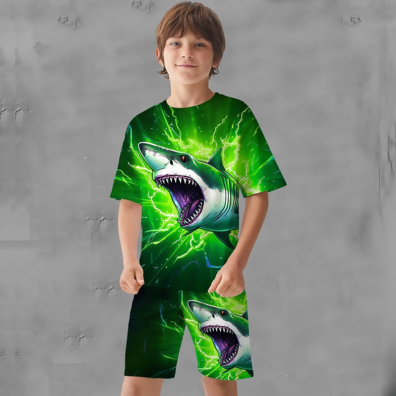 Boys 3D Graphic Animal Shark T-shirt & Shorts T-shirt Set Clothing Set Short Sleeve 3D prints Summer Spring Active Sports Fashion Polyester Kids 3-13 Years Outdoor Street Vacation Regular Fit4