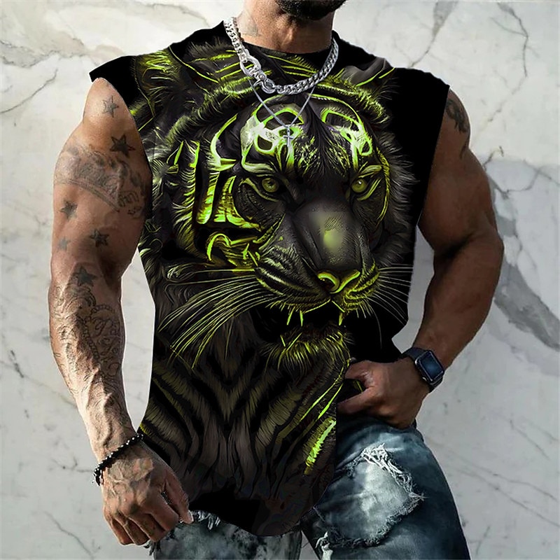 Men's Graphic Animal Tiger Vest Top Sleeveless T Shirt for Men Sleeveless T shirt 3D Print Crew Neck Shirt Fashion Designer Muscle Daily Sports Gym Blue Red Orange Spring & Summer Clothing Apparel S3