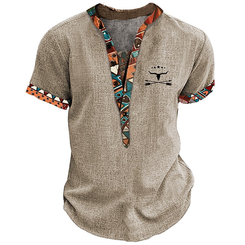 Men's Graphic Tribal Henley Shirt Short Sleeve 3D Print Fashion Designer Basic Outdoor Daily Summer Blue Khaki Gray Stand Collar Henley T-Shirt
