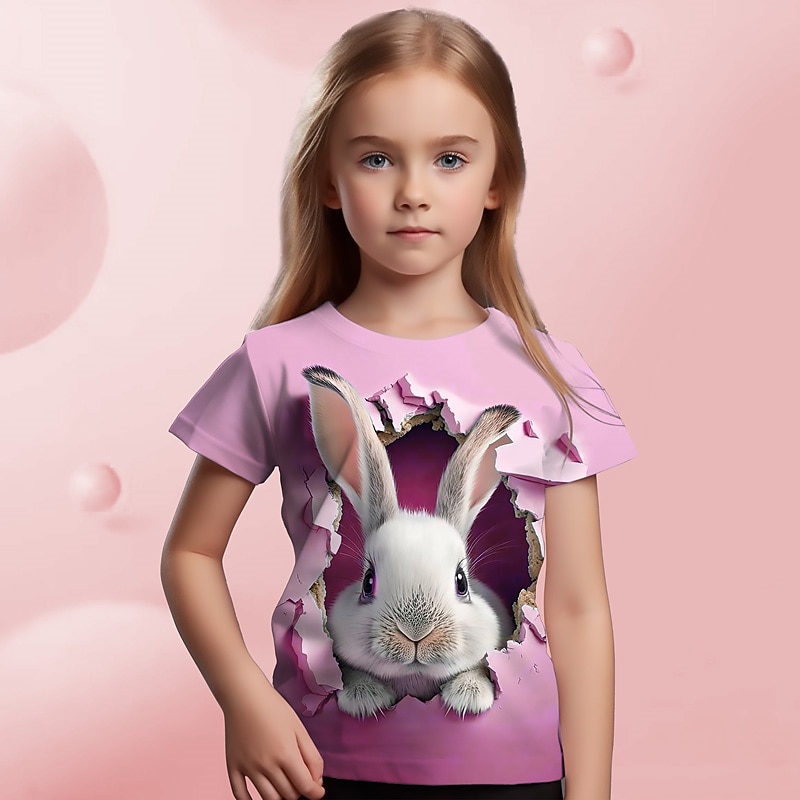 Easter Girls' 3D Graphic Cartoon Rabbit T shirt Tee Short Sleeve 3D Print Summer Spring Active Fashion Cute Kids 3-12 Years Outdoor Casual Daily Regular Fit3