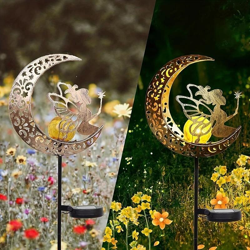 Solar Lights Fairy Moon Shape Garden Lights Outdoor Metal Solar Garden Lights Waterproof LED Glass Ball Outdoor Lights Fairy Figures Elf Garden Solar Light Decoration Patio Path Lawn Halloween Christmas2