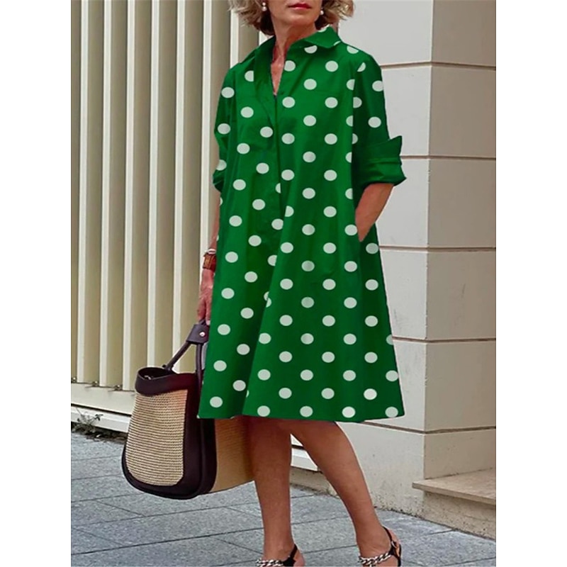 Women's Shirt Dress Casual Dress Shift Dress Midi Dress Outdoor Daily Vacation Fashion Modern Shirt Collar Button Pocket 3/4 Length Sleeve Summer Spring Loose Fit Polka Dot