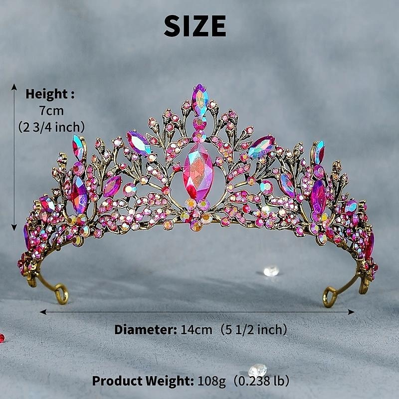 Tiara Crown For Women Girls, Pink Crystal Princess Crown Diadem, Wedding Tiara For Bride, Golden Hair Accessories For Birthday Prom Party Quinceanera Pageant4