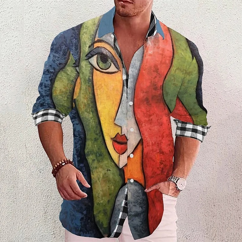 Men's Geometry Parrot Shirt Summer Hawaiian Shirt Aloha Shirt Long Sleeve Shirt Stand Collar Fashion Streetwear Designer Outdoor Street Casual Blue-Green Black Yellow S M L2