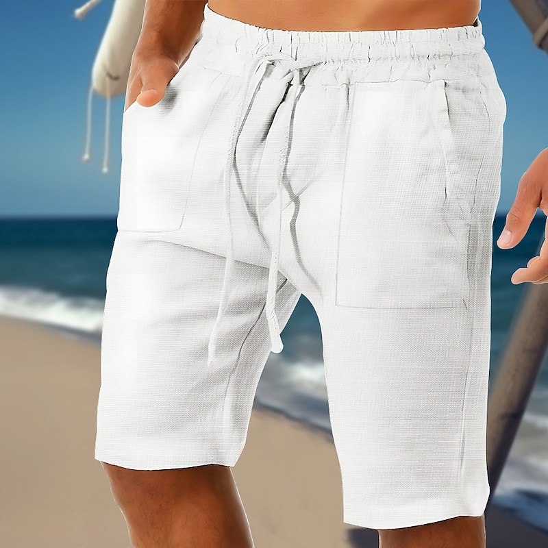 Men's Shorts Linen Shorts Summer Shorts Drawstring Pocket Elastic Waist Plain Comfort Soft Outdoor Daily Going out Fashion Streetwear White Green2