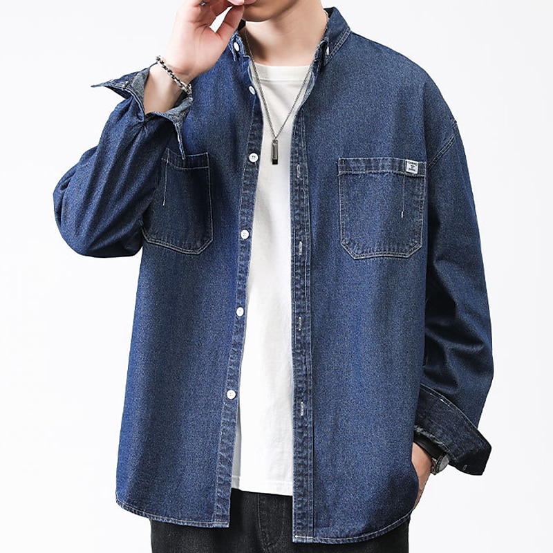 Men's Shirt Jacket Overshirt Denim Shirt Plain Outdoor Daily Black Blue Dark Blue Long Sleeve Lapel Spring &  Fall Clothing Apparel Pocket4
