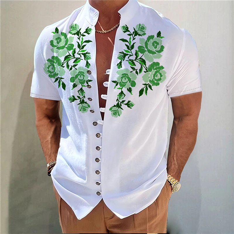 Men's Floral Shirt Button Up Shirt Short Sleeve Fashion Streetwear Designer Vacation Street Daily Summer Spring Stand Collar Print Blue-Green Yellow Blue Purple Green3