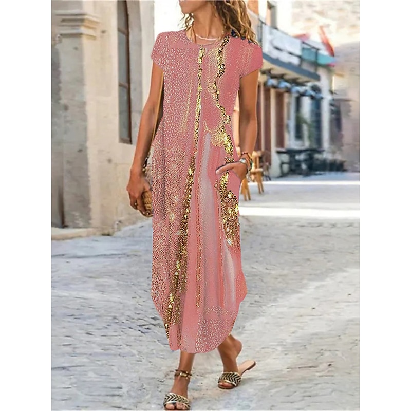 Women's Maxi Dress Shift Dress Ombre Marble Pocket Split Crew Neck Daily Date Short Sleeve Summer Spring