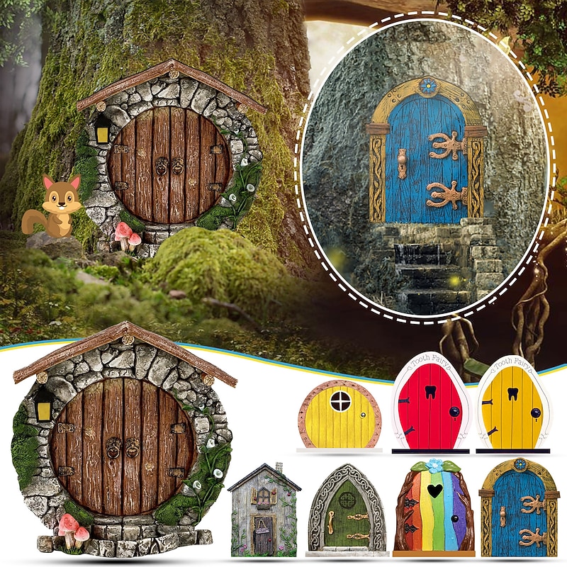 Miniature Fairy Gnome Door Figurines Elf Home For Yard Art Garden Tree Sculpture Decor Statues Decor Fairy Outdoor Garden