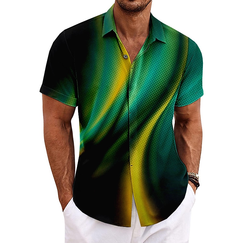 Men's Gradient Geometric Pattern Linear Shirt Button Up Shirt Short Sleeve Fashion Designer Casual Outdoor Casual Summer Spring Turndown Print Wine Blue Green Gray