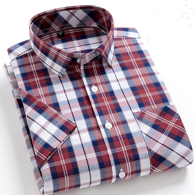 Men's Dress Shirt Stripes and Plaid Office & Career Office Party Light Blue Black Dark Red Yellow Short Sleeve Turndown Spring & Summer Clothing Apparel3