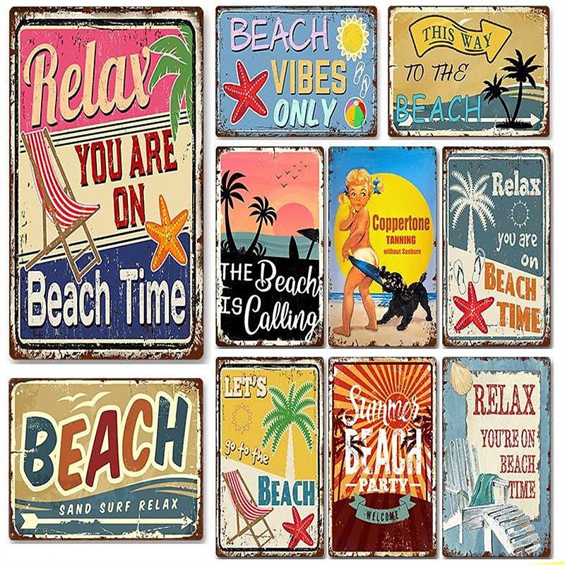 1pc Beach Metal Tin Sign Summer Beach Tin Sign Vintage Beach Signs Wall Decor, Painting Wall Hanging For Beer Bar Decor Home Decor Wall Art Metal Tin Sign 20x30cm/8''x12''