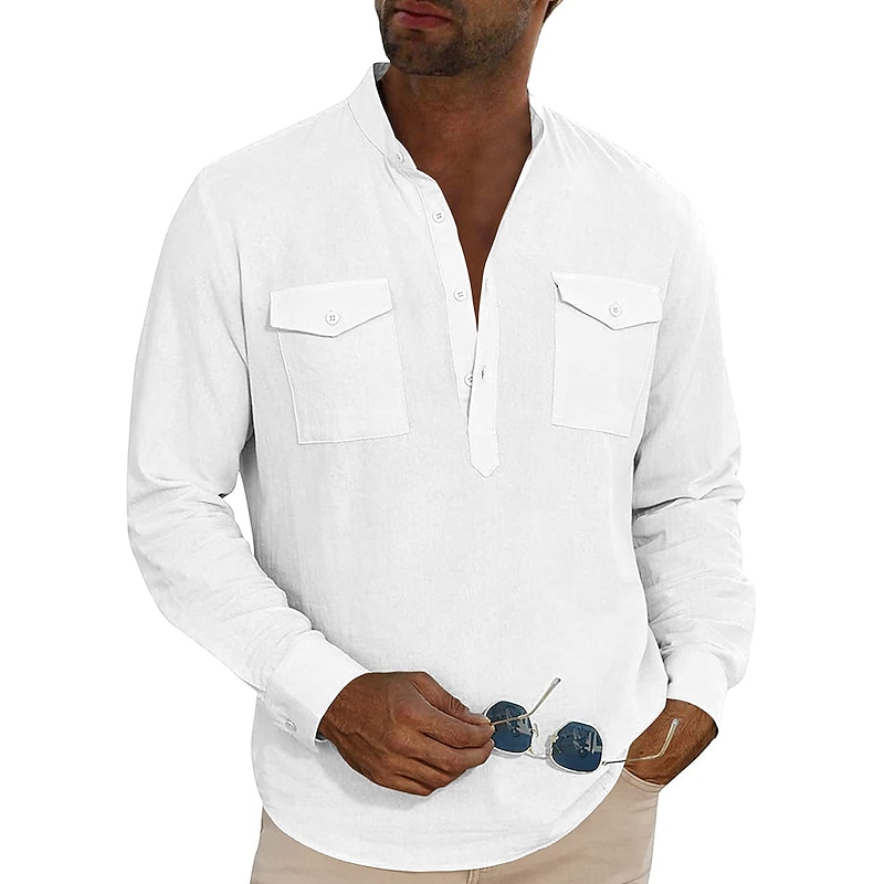 Men's Shirt Linen Shirt Casual Shirt Beach Shirt Black White Blue Long Sleeve Plain Stand Collar Spring & Summer Hawaiian Holiday Clothing Apparel Basic4