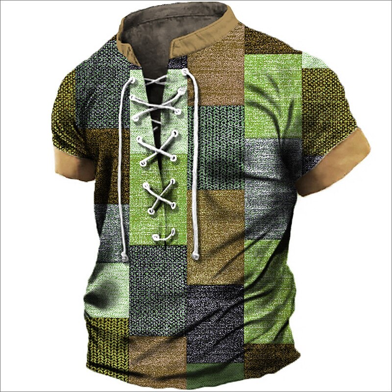 Men's T Shirt Graphic Color Block Plaid / Check Stand Collar Clothing Apparel 3D Print Daily Sports Going out Short Sleeve Lace up Print Polyester Vintage Fashion Designer2