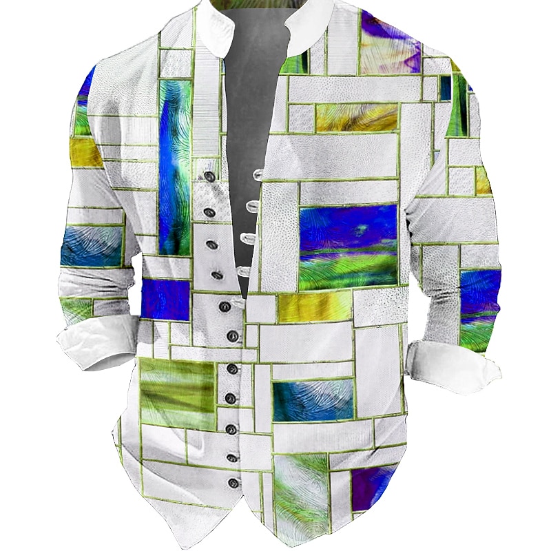 Men's Color Block Geometric Pattern Geometry Shirt Button Up Shirt Long Sleeve Fashion Streetwear Designer Outdoor Casual Daily Summer Spring Fall Stand Collar Print Light Green Blue Purple Green Gray4