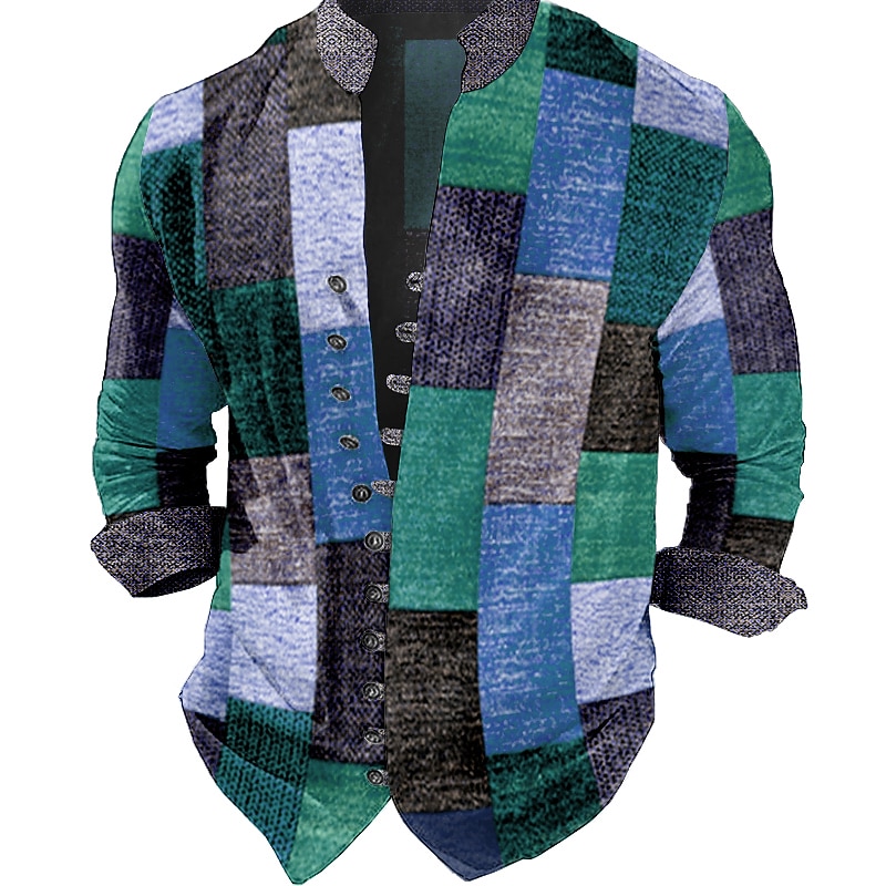 Men's Plaid / Check Geometric Pattern Geometry Shirt Button Up Shirt Long Sleeve Fashion Streetwear Designer Outdoor Casual Daily Summer Spring Fall Stand Collar Print Light Green Red Blue Purple2