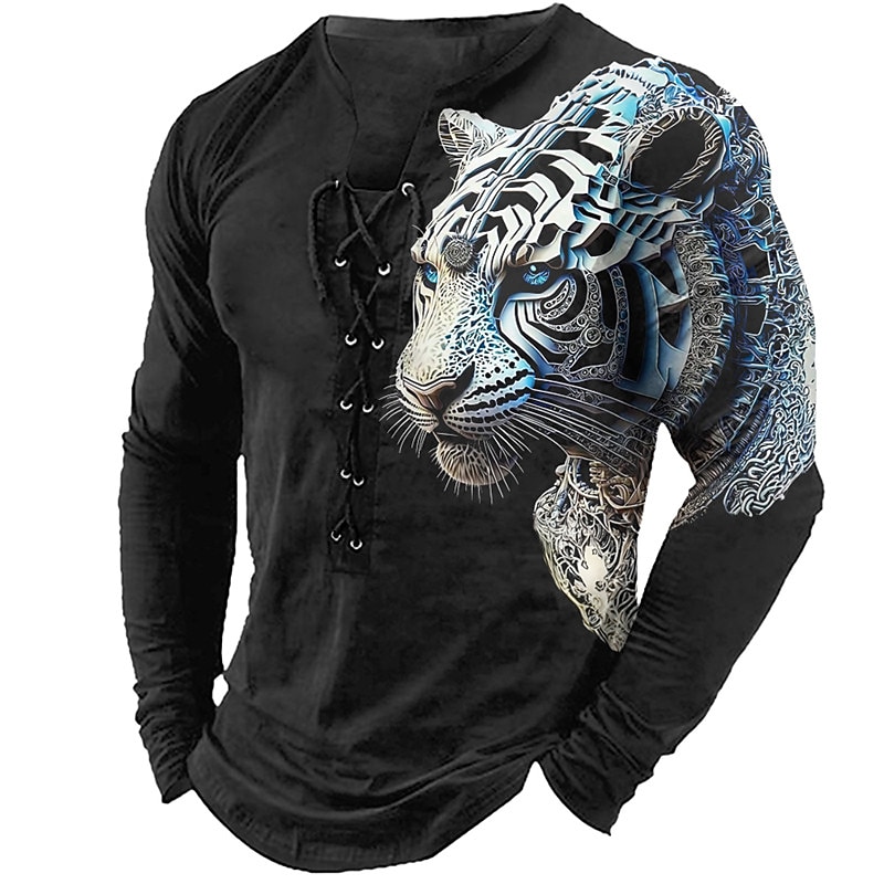 Men's T Shirt Graphic Animal Collar Clothing Apparel 3D Print Daily Going out Long Sleeve Lace up Print Polyester Fashion Designer Comfortable