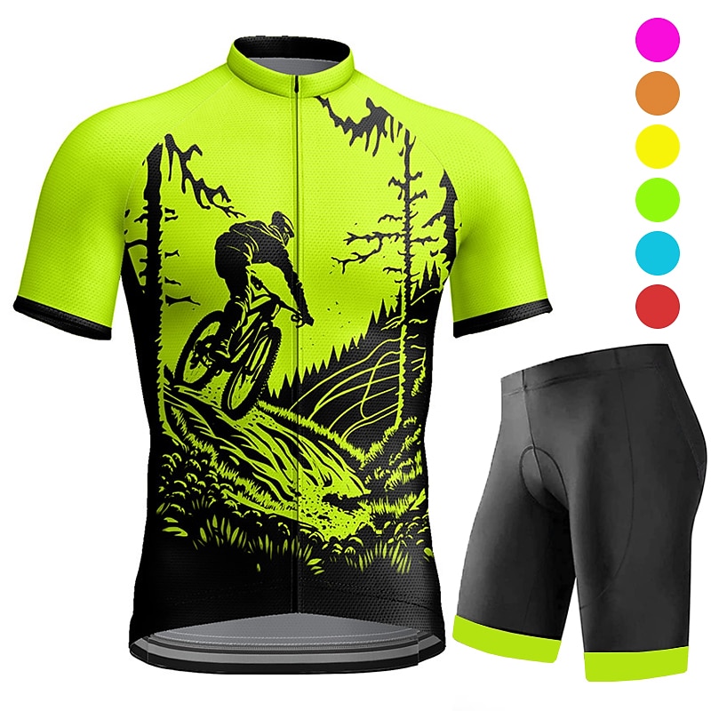 Men's Cycling Jersey with Bib Shorts Short Sleeve Mountain Bike MTB Road Bike Cycling Orange Green Bike Clothing Suit 3D Pad Quick Dry Reflective Strips Back Pocket Polyester Spandex Sports Funny