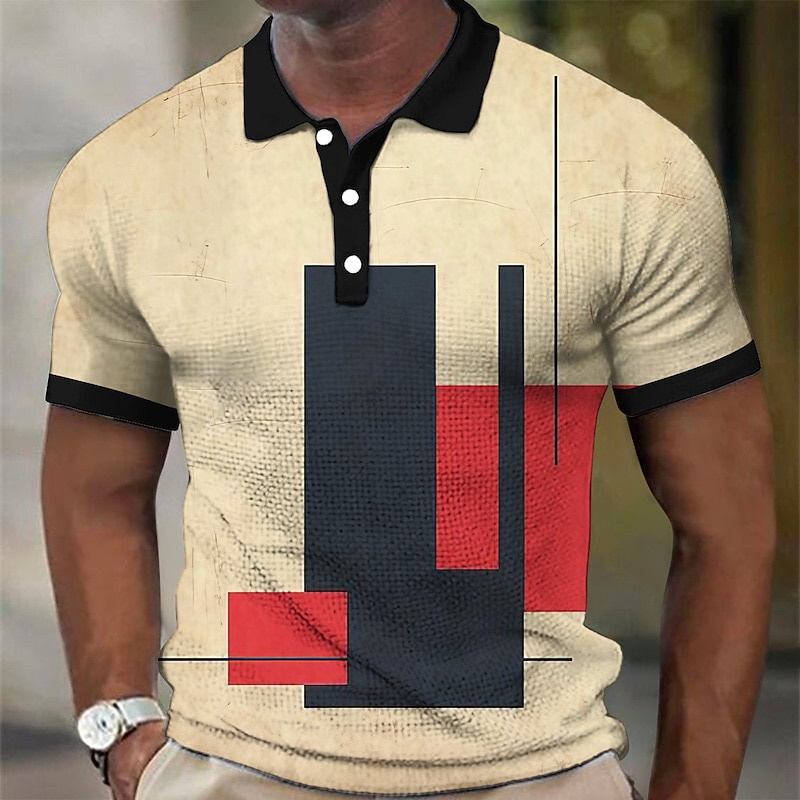 Men's Plaid Waffle Polo Shirts Golf Shirt Short Sleeve Polo Shirts Collared Shirts Vintage Casual Vacation Wear Formal Wear Festival Wear Buttons 3D Print White Yellow Red4