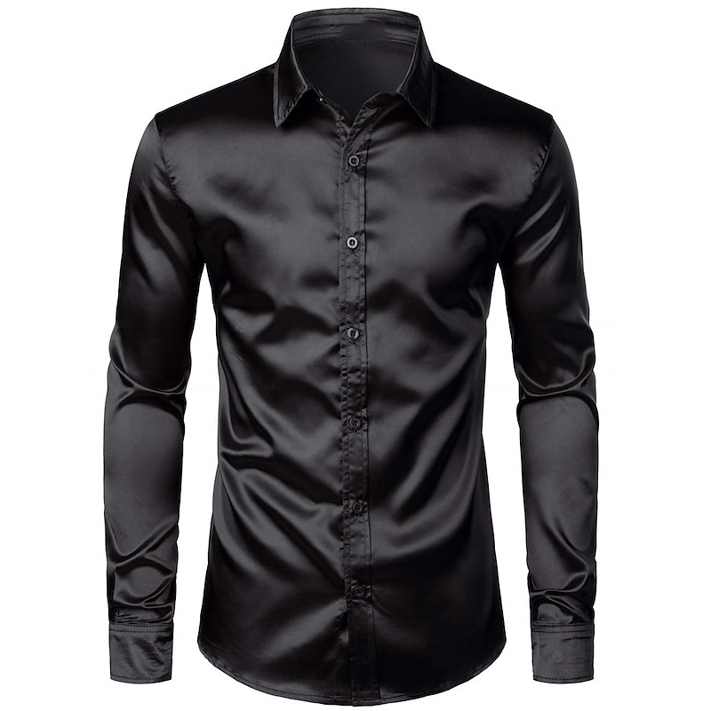 Men's Shirt Satin Shirt Casual Shirt Button Up Shirt Plain Wedding Vacation Black White Wine Blue Long Sleeve Lapel Spring & Summer Clothing Apparel