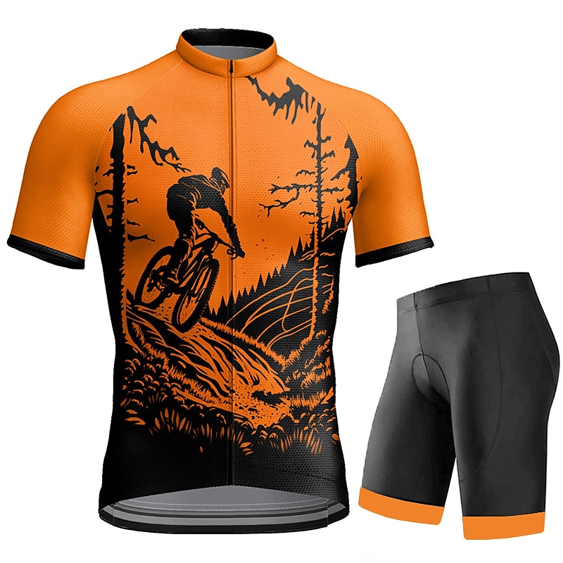 Men's Cycling Jersey with Bib Shorts Short Sleeve Mountain Bike MTB Road Bike Cycling Orange Green Bike Clothing Suit 3D Pad Quick Dry Reflective Strips Back Pocket Polyester Spandex Sports Funny4