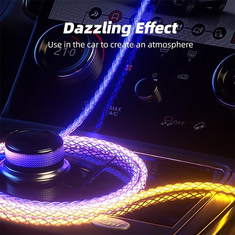 Fast Charging RGB Cable 100W Breathing Light 66W Type C USB C Data Cable for iPhone Samsung Android Micro 30W Quick Charge Cable3