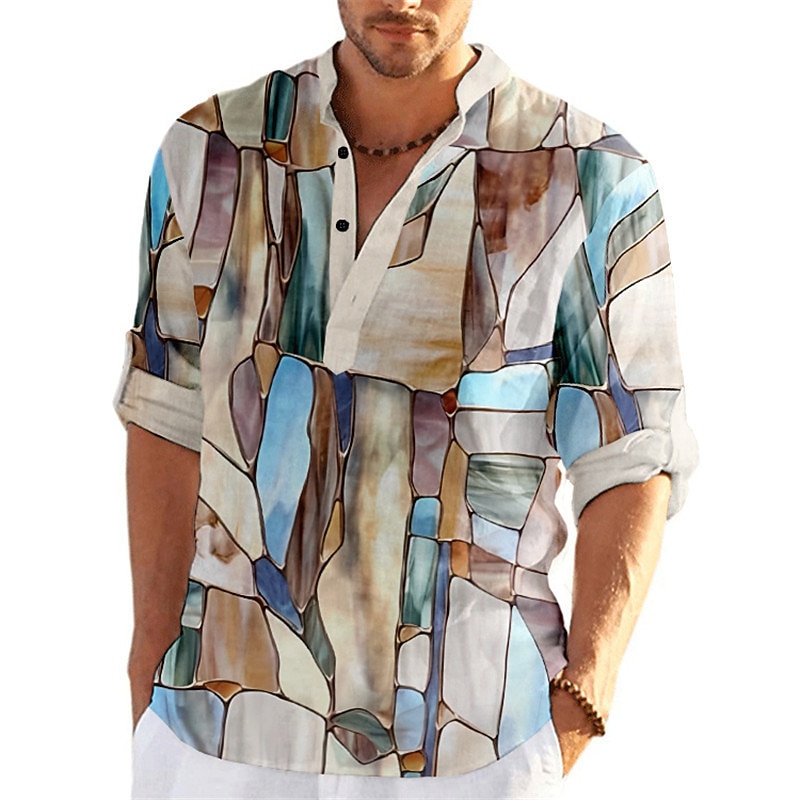 Men's Color Block Geometry Shirt Button Up Shirt Long Sleeve Fashion Streetwear Designer Outdoor Street Daily Summer Spring Fall Stand Collar Print Yellow Blue Purple Green Gray2