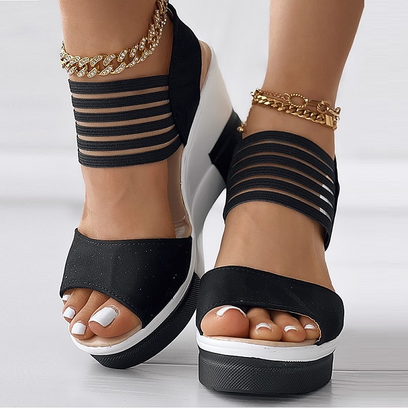 Women's Black Wedge Sandals with Strappy - Fashionable Summer Footwear for Casual and Evening Wear3