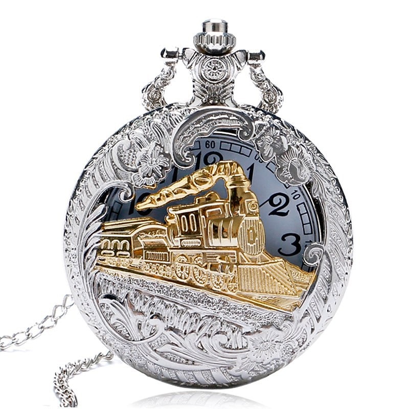 Men Pocket Watch Vintage Hollow Bronze Locomotive Design Quartz Fob Pocket Watch With Necklace Chain Gift for Men Women - Main Image