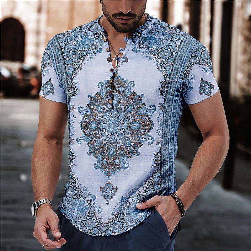 Men's Floral Tribal Vintage Shirt Linen Shirt Button Up Shirt Short Sleeve Fashion Streetwear Designer Outdoor Casual Daily Spring & Summer Stand Collar Print Pink Blue Green Khaki Gray2