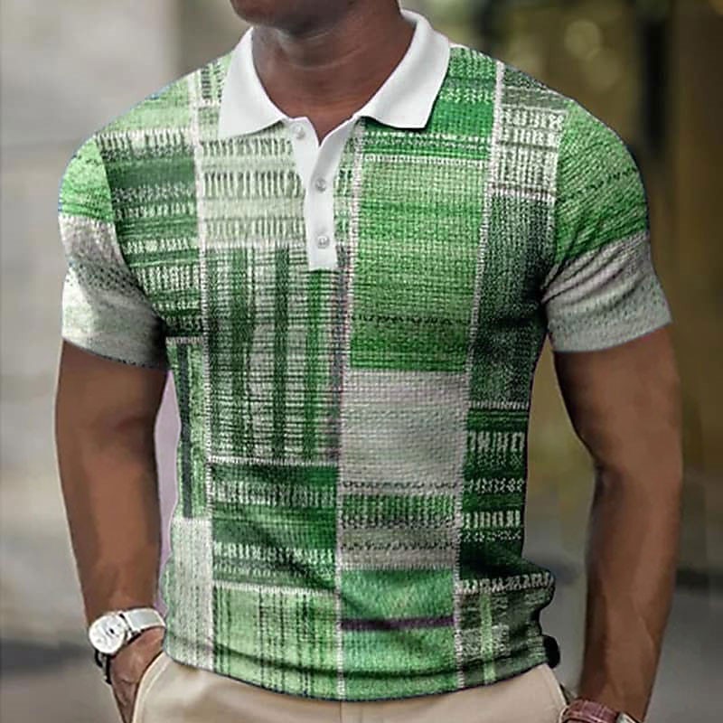Men's Plaid Waffle Polo Shirts Golf Shirt Short Sleeve Polo Shirts Collared Shirts Vintage Casual Vacation Wear Formal Wear Festival Wear Buttons 3D Print Yellow Blue Brown2