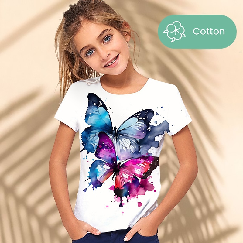 Girls' 3D Graphic Animal Butterfly T shirt Tee Short Sleeve 3D Print Summer Spring Active Fashion Cute 100% Cotton Kids 3-12 Years Outdoor Casual Daily Regular Fit2