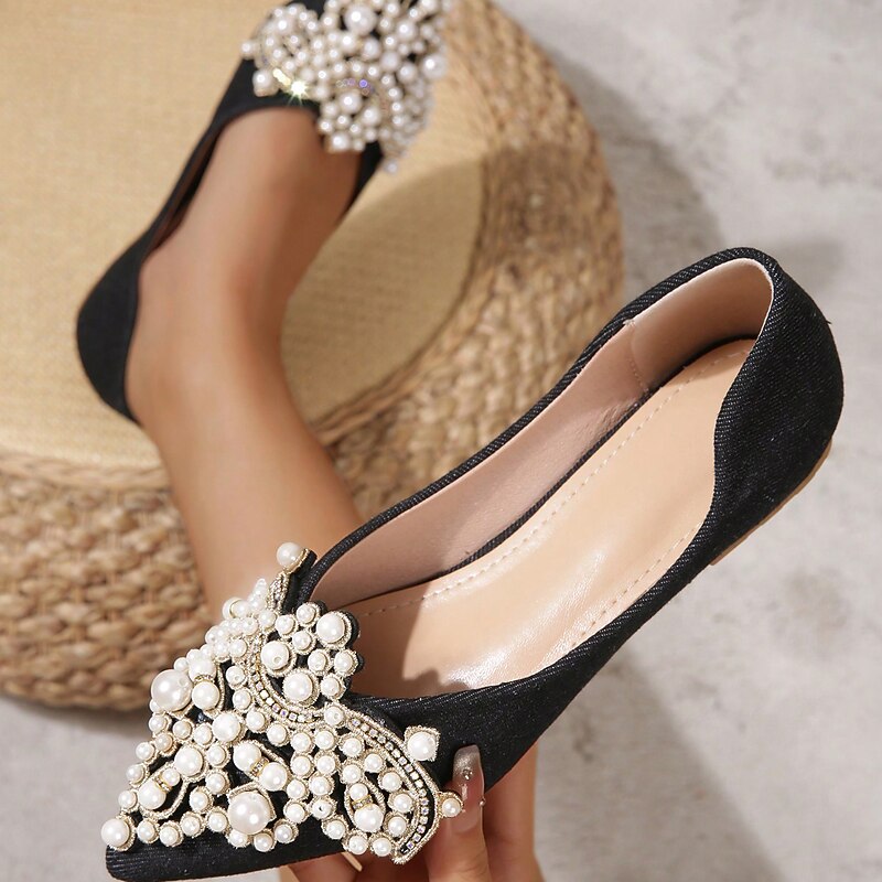 Wedding Shoes for Bride Bridesmaid Women Closed Toe Pointed Toe Apricot Black PU Flats with Imitation Pearl Crystal Flat Heel Wedding Party Valentine's Day Elegant Classic4