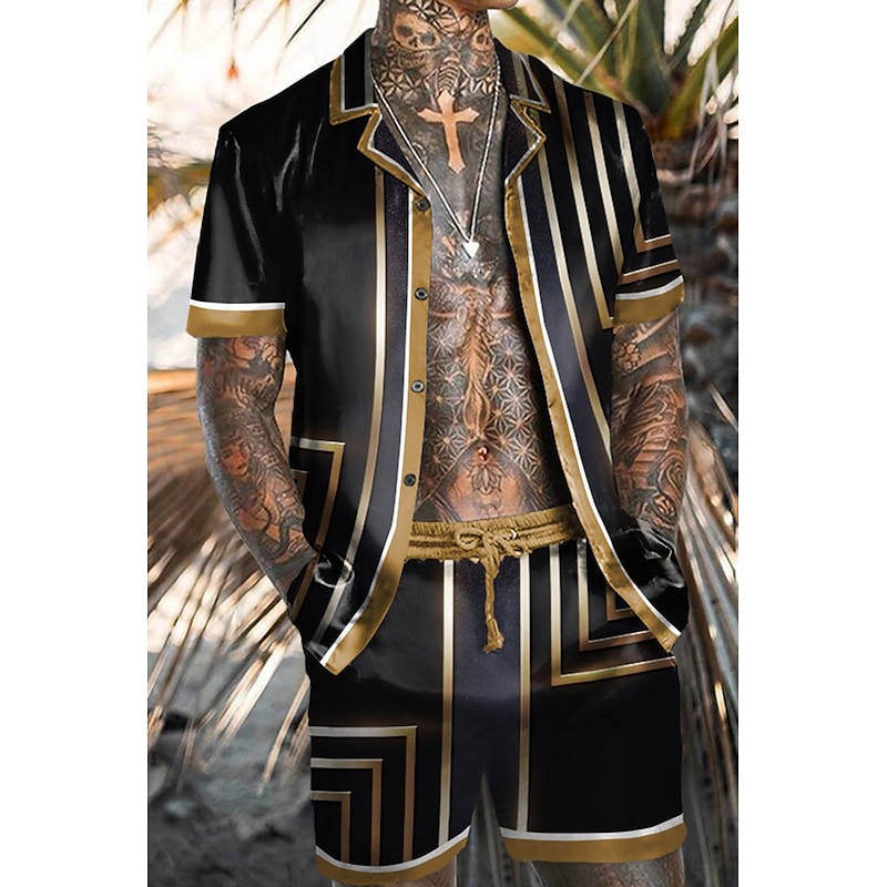 Men's Coconut Tree Tropical Plants 2pcs Shirts Sets Summer Hawaiian Shirt Short Sleeve Short Pants Cuban Collar Tropical Fashion Hawaiian Street Casual Hawaiian Print Summer Spring Green / Black4