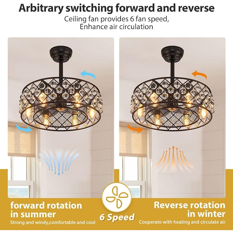 Ceiling Fan with Lights Crystal Black 21" Warm White LED 6 Speeds Timing Reversible Blades with Remote Control, Household Fan Chandelier, indoor Low Profile Flush Mount Ceiling Fan 110-120V3
