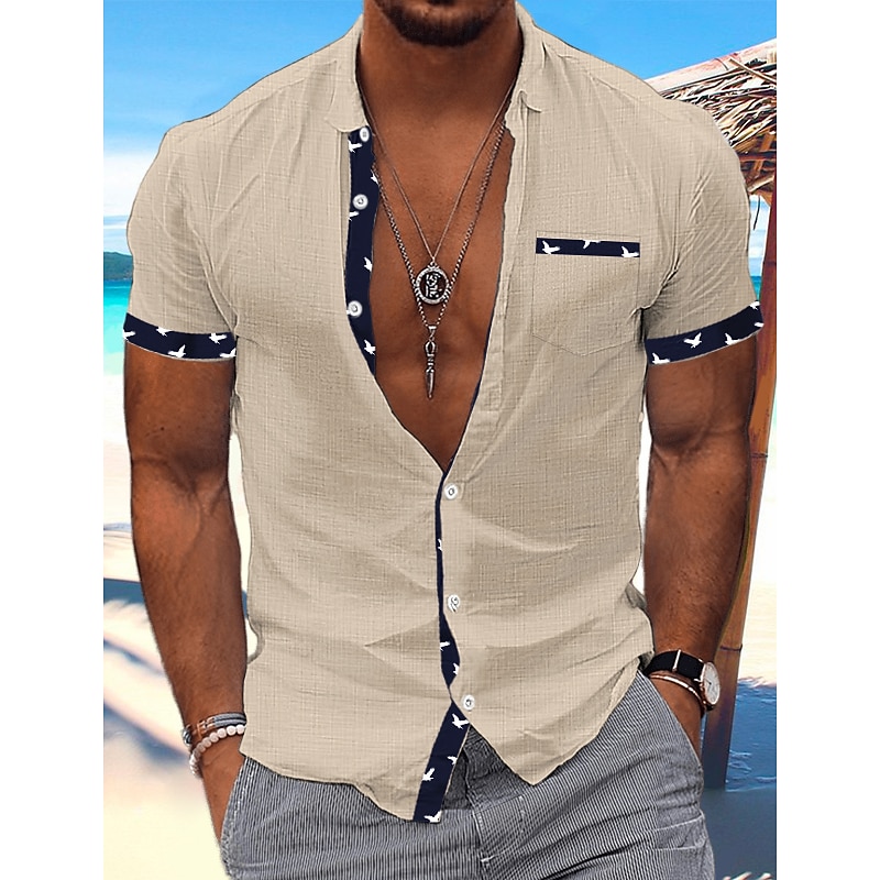 Men's Shirt Linen Shirt Summer Shirt Beach Wear Casual Shirt Button Up Shirt Color Block Vacation Curise White Blue Green Khaki Short Sleeve Turndown Summer Clothing Apparel Patchwork4
