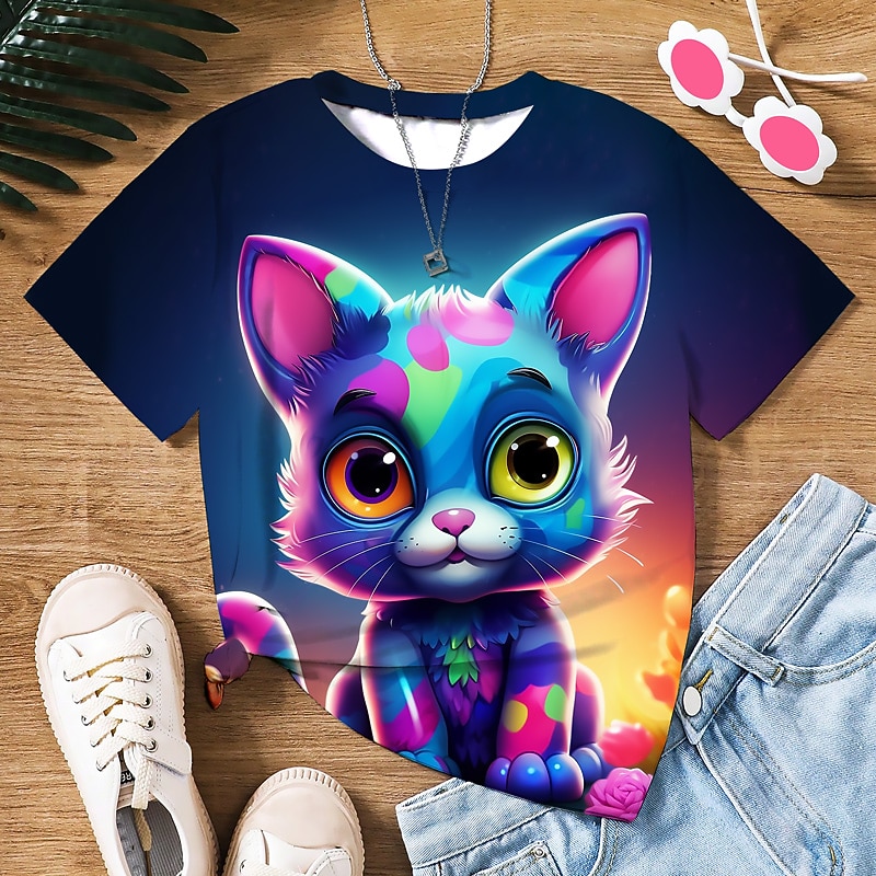 Girls' 3D Graphic Cartoon Cat T shirt Tee Short Sleeve 3D Print Summer Spring Active Fashion Cute Polyester Kids 3-12 Years Outdoor Casual Daily Regular Fit4