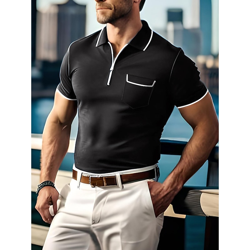 Men's Polo Shirts Zip Polo Outdoor Sports Lapel Quarter Zip Short Sleeve Fashion Modern Plain Zipper Front Pocket Summer Regular Fit Black Green Dark Blue Gray Polo Shirts3